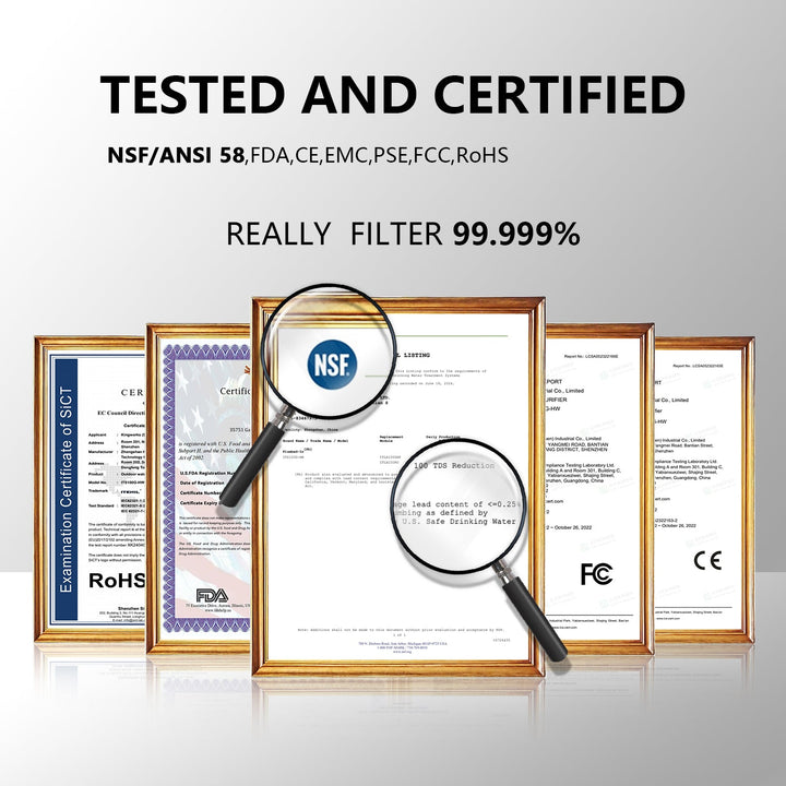 Water filtration system related testing and certification certificates